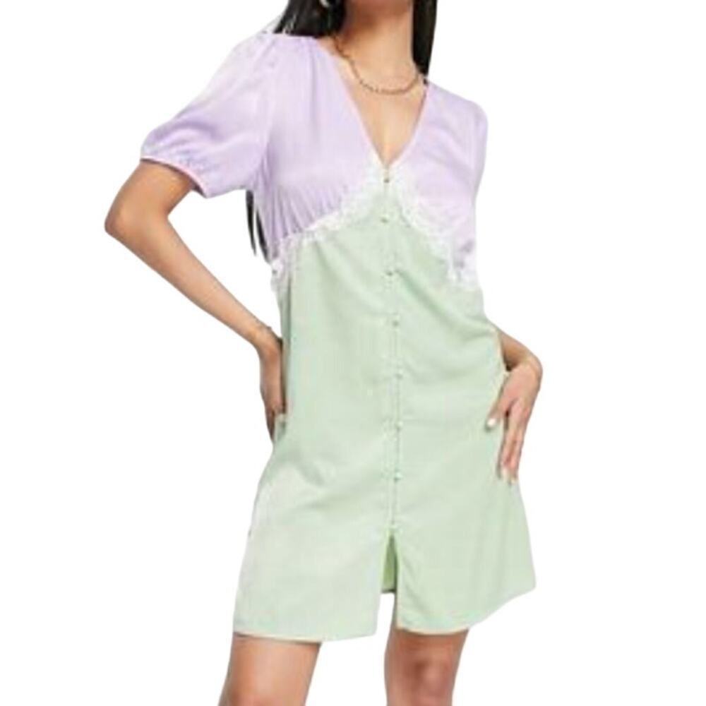 Vila Satin Mini Dress with Button Front in Green/Purple, Size EU 34/US 2​​​​